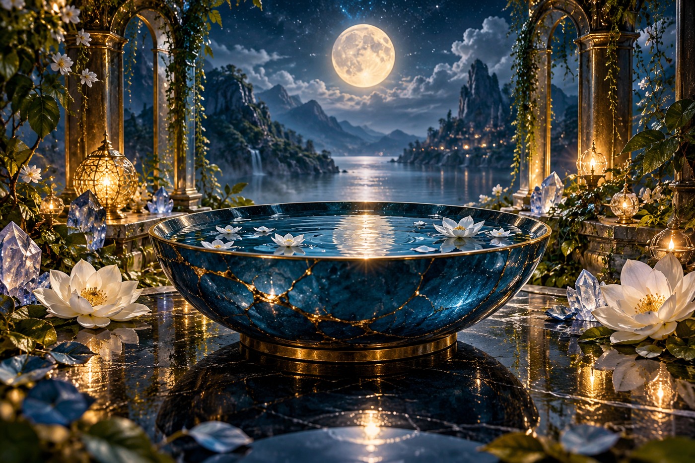 A shallow blue bowl with a black reflective surface beneath moonlight