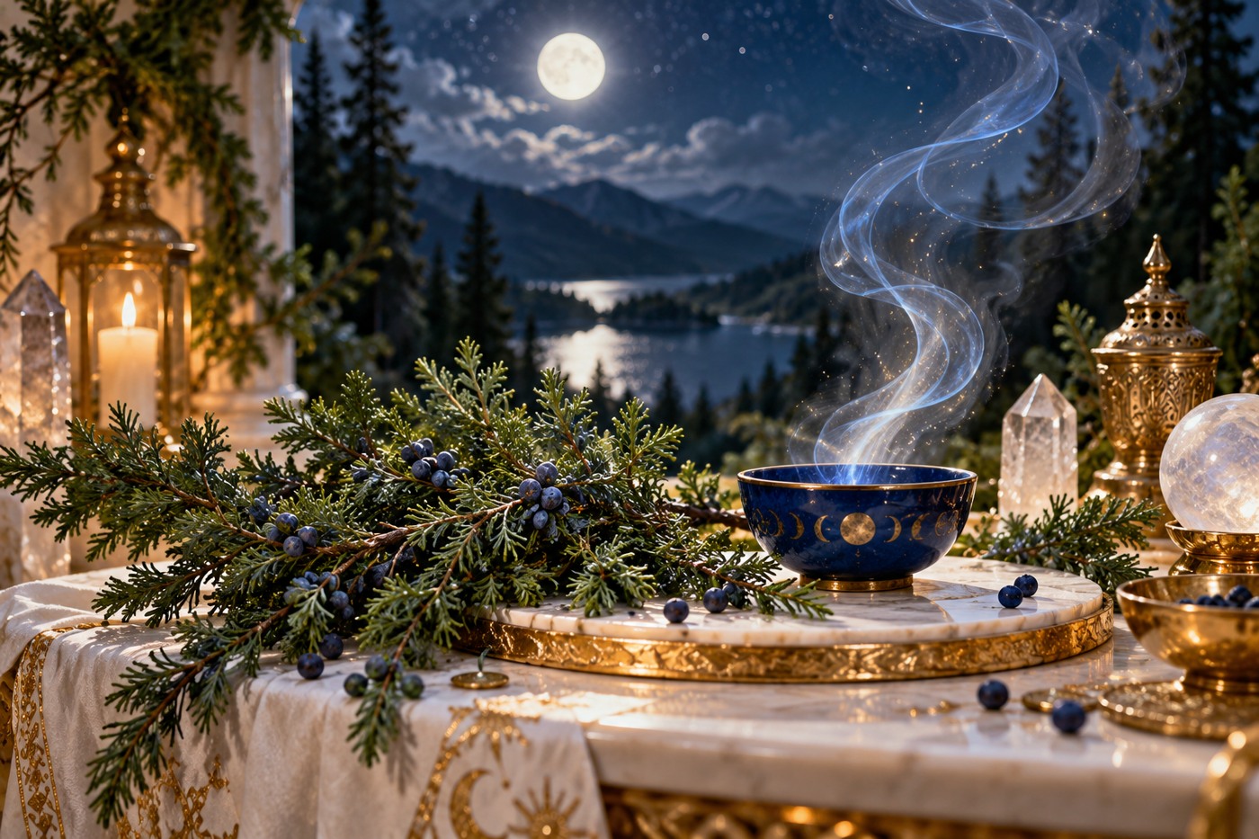 Fresh juniper branches on a white-and-gold altar beside a blue bowl