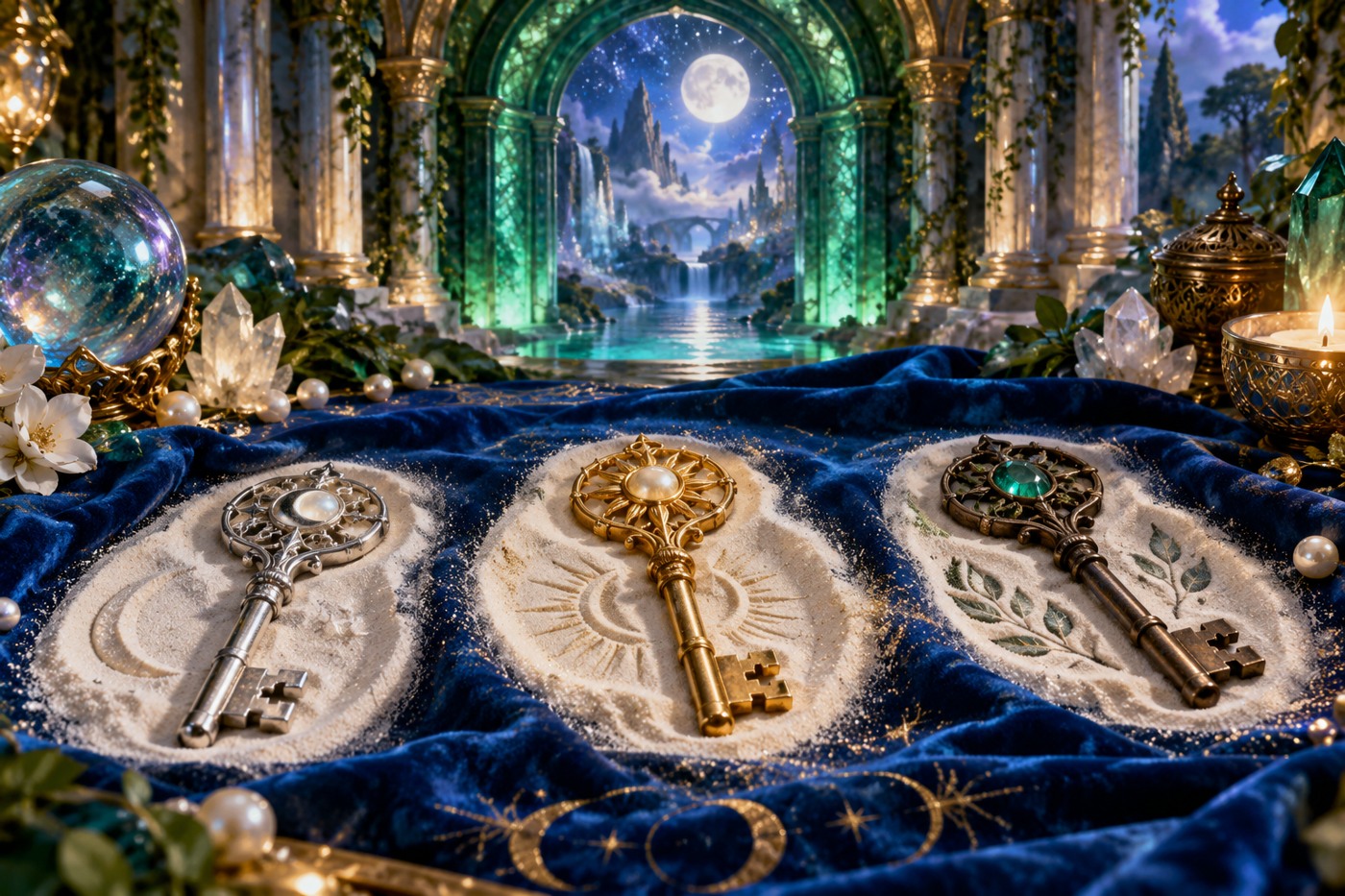 Three ornate key charms resting on pale sand and sapphire cloth