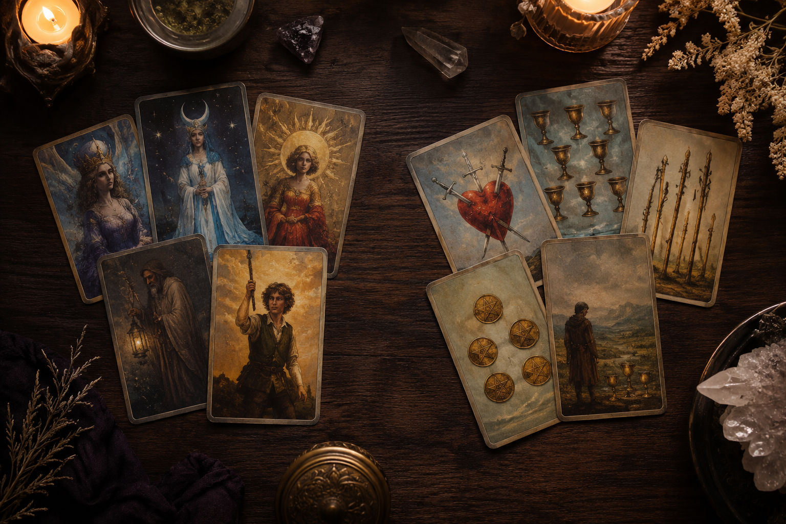 Tarot-inspired cards arranged in major archetypes and four suits