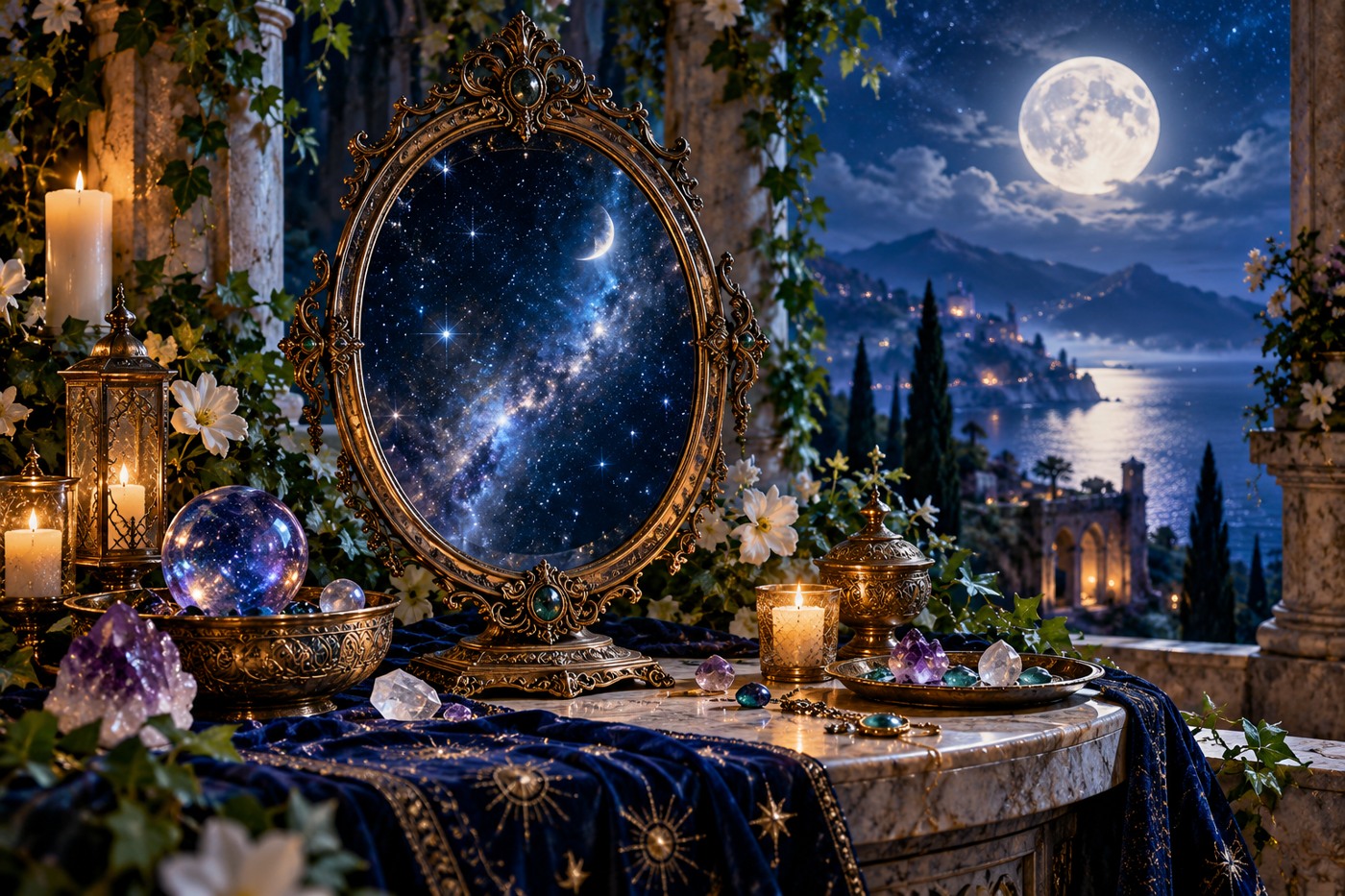 An antique mirror reflecting stars on a moonlit spiritual altar
