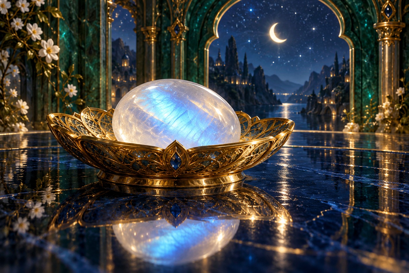 A blue-sheened moonstone in a golden dish within a moonlit archway