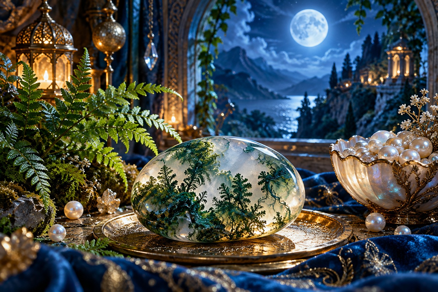 A polished moss agate stone with green patterns beside a fern and pearl bowl