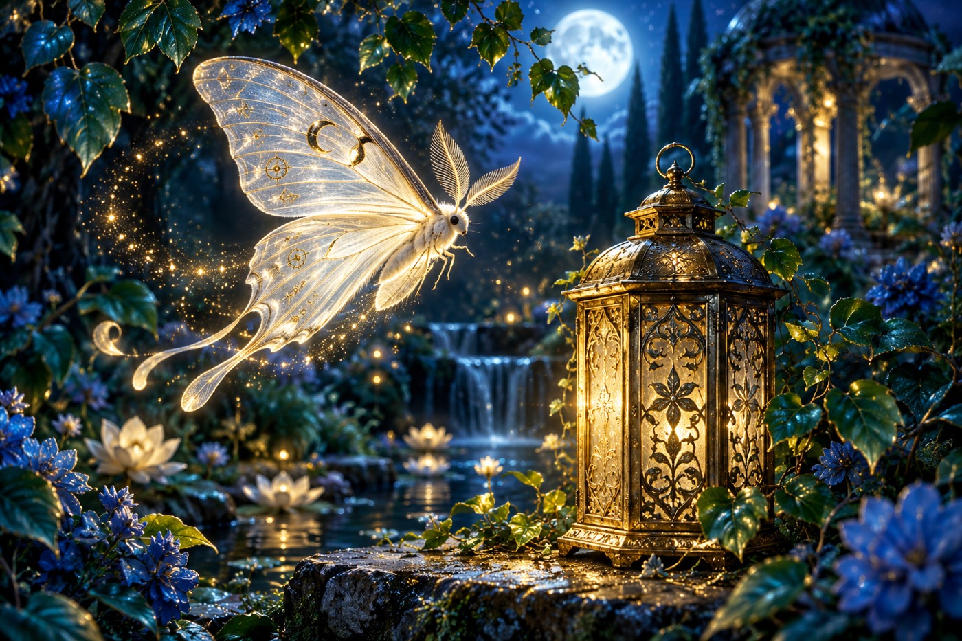 A pale luminous moth beside a golden lantern in a midnight blue garden