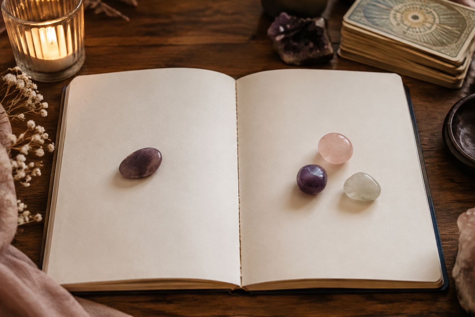 A blank notebook with one stone on one page and three stones on the other beside a candle and tarot deck