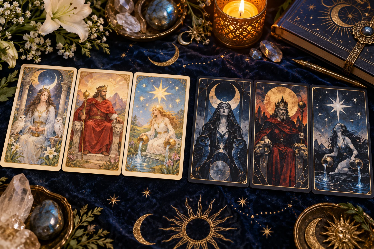 Two distinct symbolic tarot decks showing corresponding archetypal images beside a candle and journal.