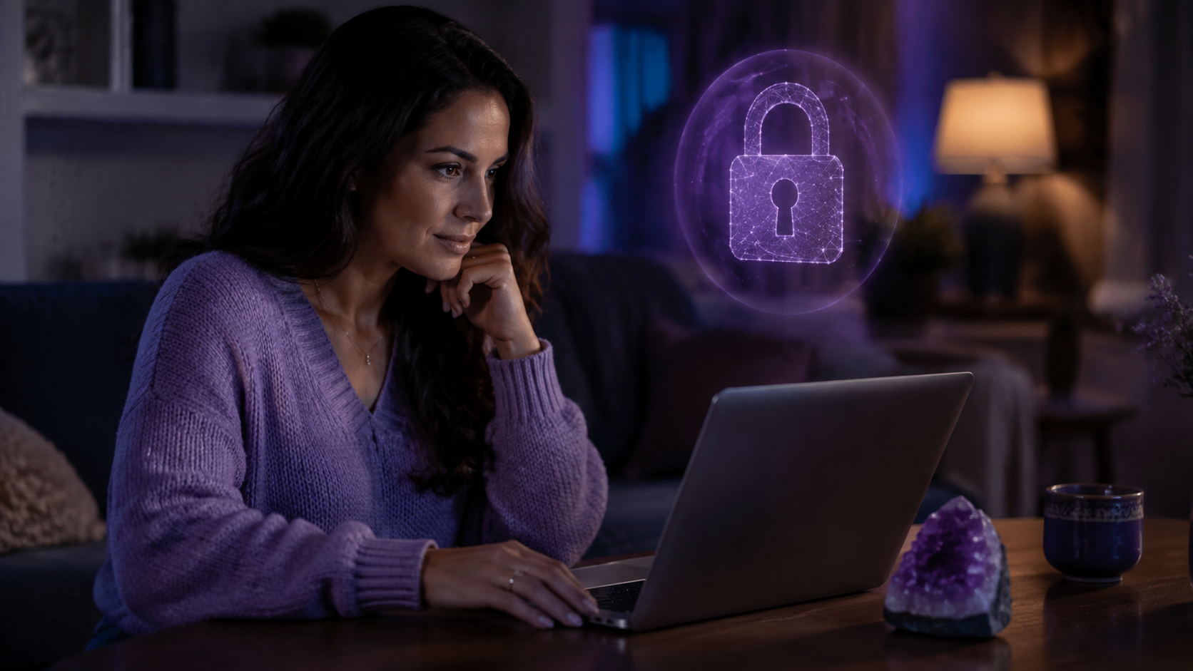 Woman having a private online psychic consultation beside a subtle glowing lock and amethyst crystal