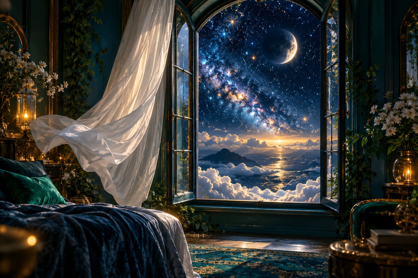An open dream window facing a star-filled sky with a white curtain in motion