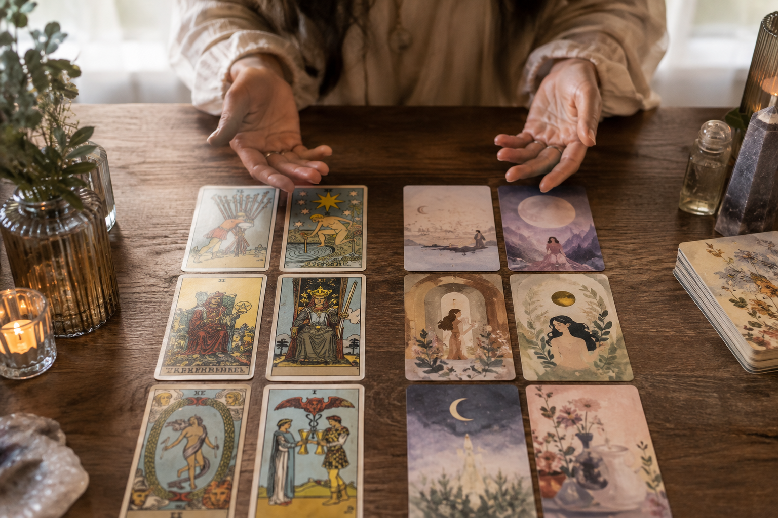 Hands comparing a traditional tarot spread with a modern illustrated oracle deck