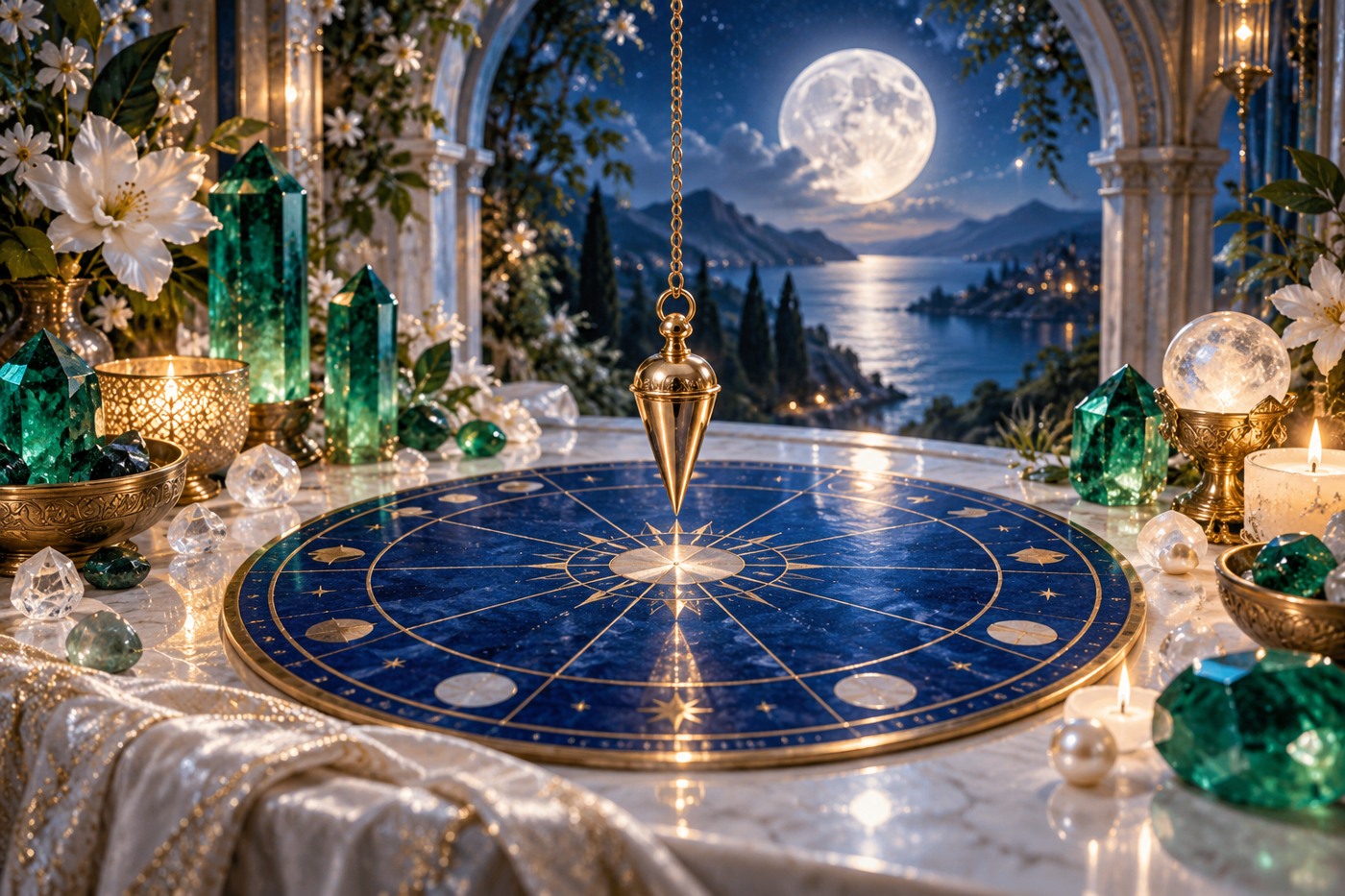 A golden pendulum above an unlettered circular chart in a moonlit sacred space