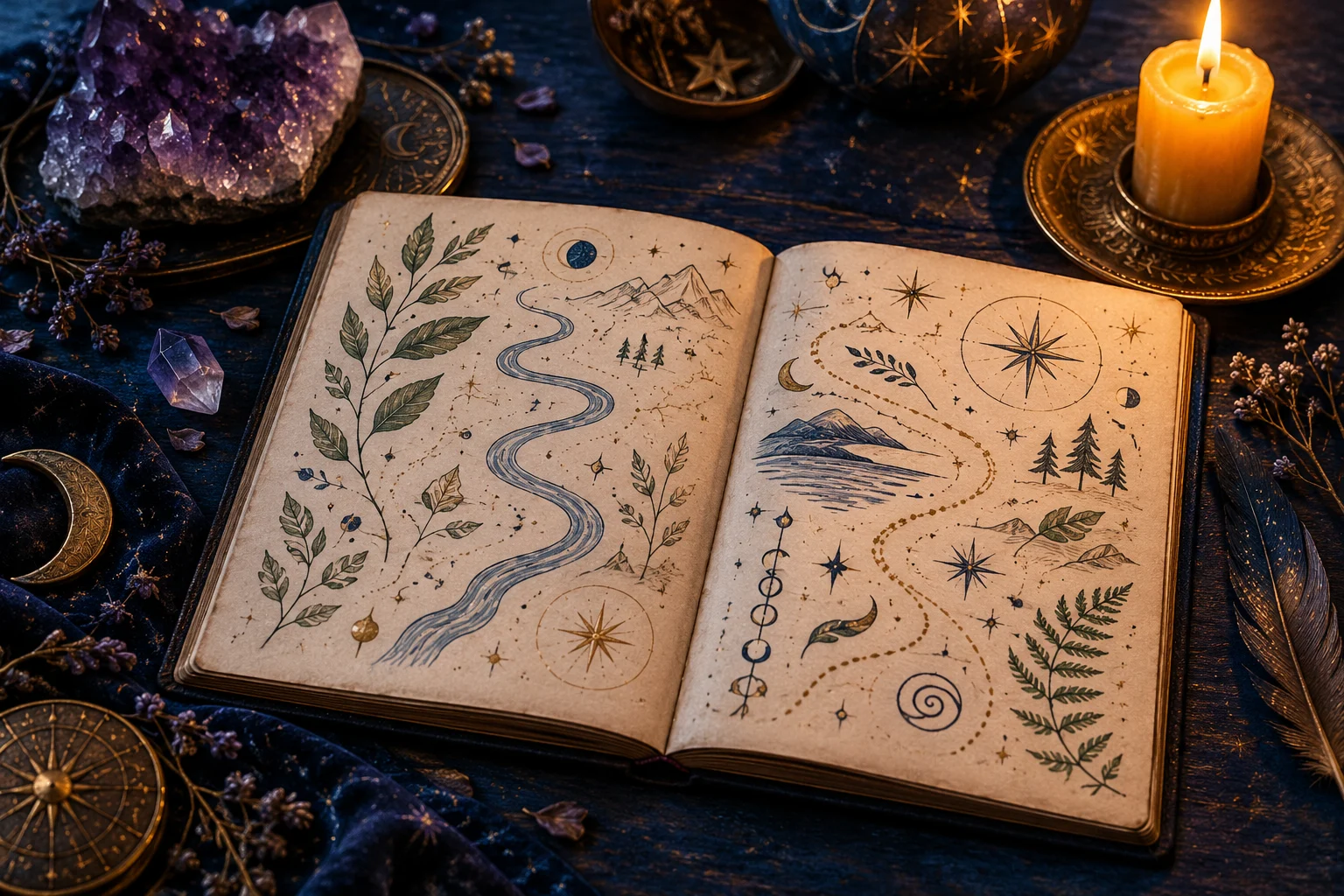 Symbolic open unlettered journal with sketched leaves and stars, beside amethyst in blue and golden candlelight.