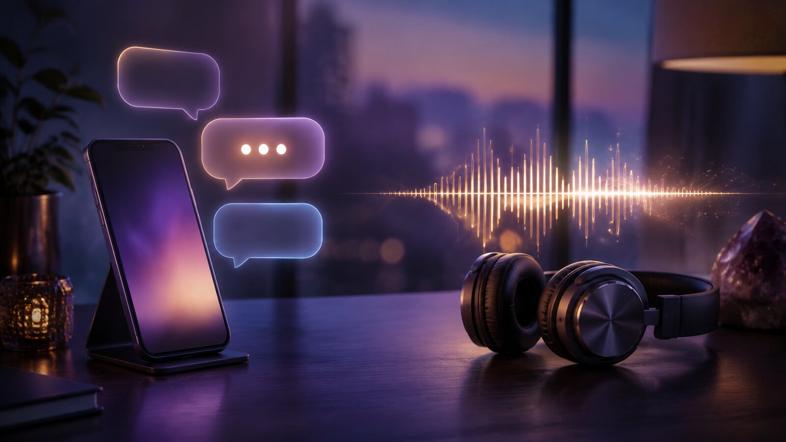 A smartphone with glowing message shapes beside headphones and a soft audio waveform