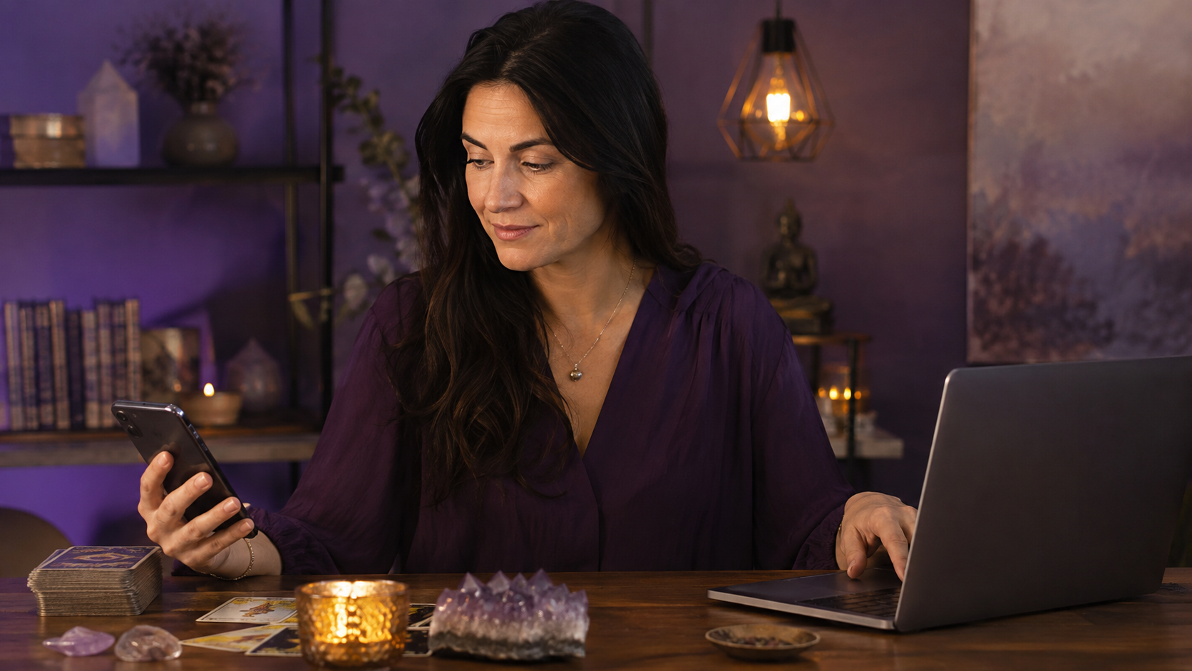 Woman comparing phone and chat psychic readings at a desk with a tarot deck and amethyst