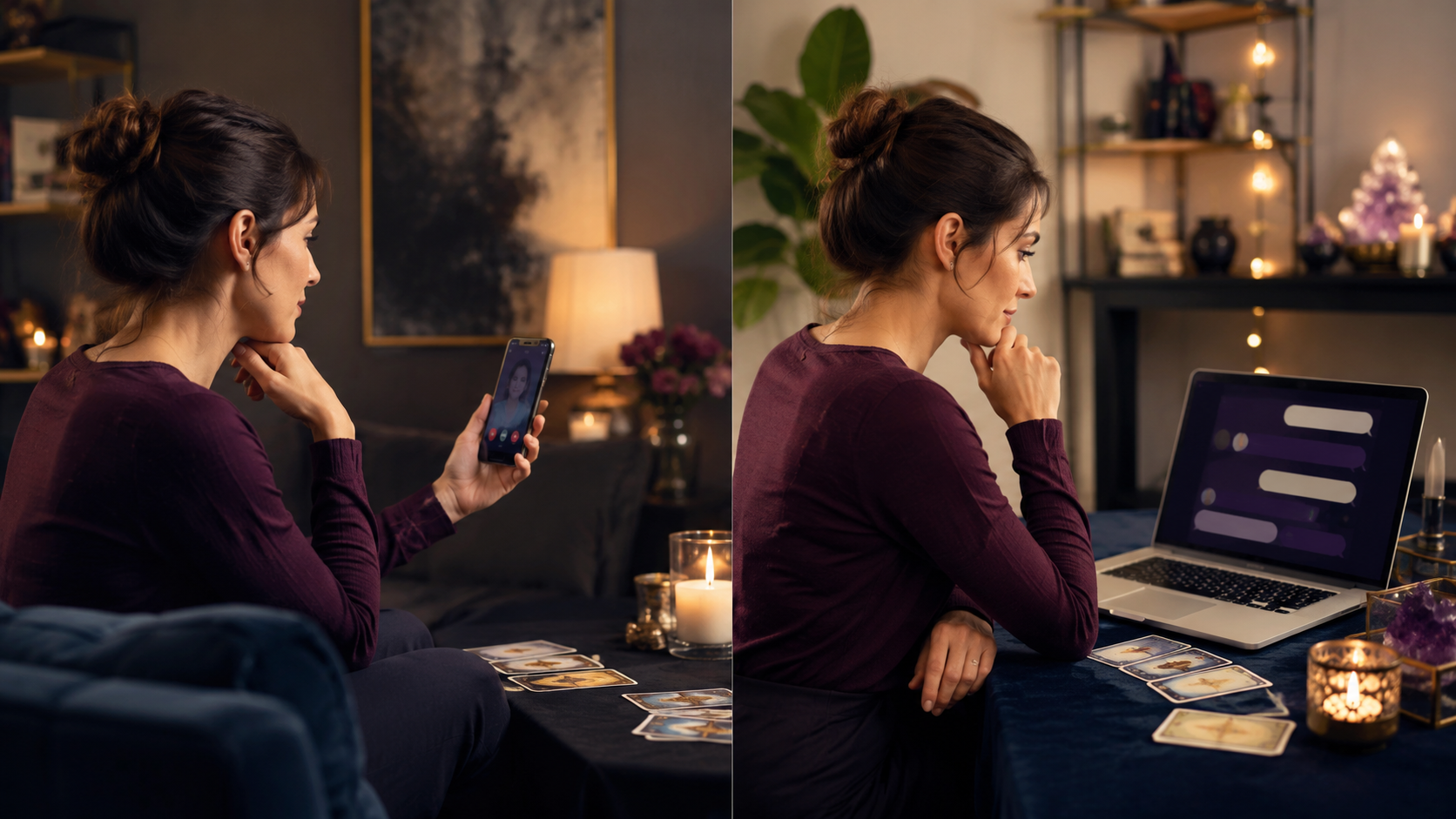 Split scene of a woman considering a phone psychic reading and a laptop chat reading
