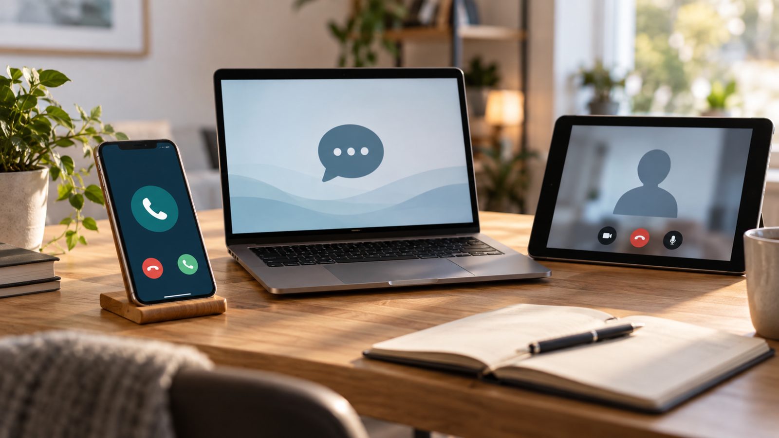 Phone, laptop chat and video call options arranged for comparing psychic reading formats