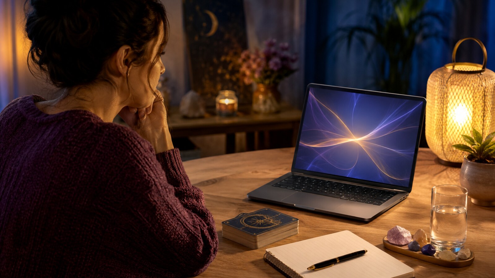A person seated at a laptop with a tarot deck, notebook, pen and water in warm evening light