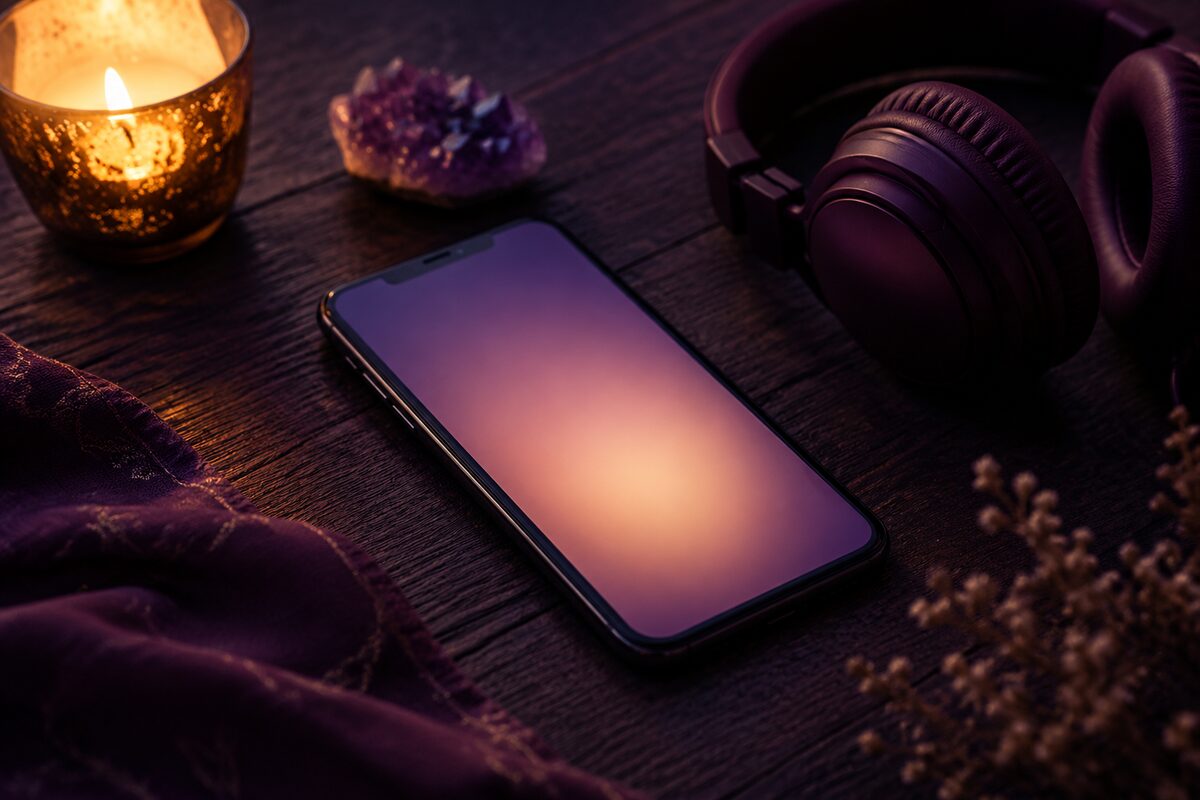 A smartphone, headphones, candle and crystal arranged on a dark wooden table