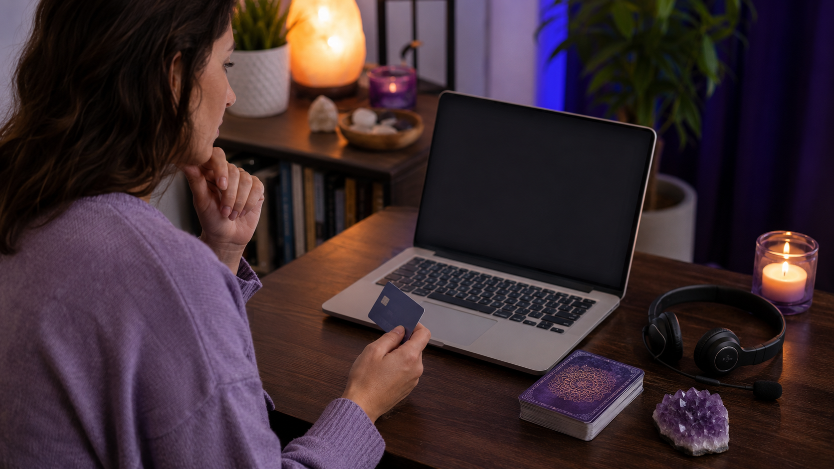 Woman reviewing an online psychic platform satisfaction policy beside a headset, tarot deck and amethyst