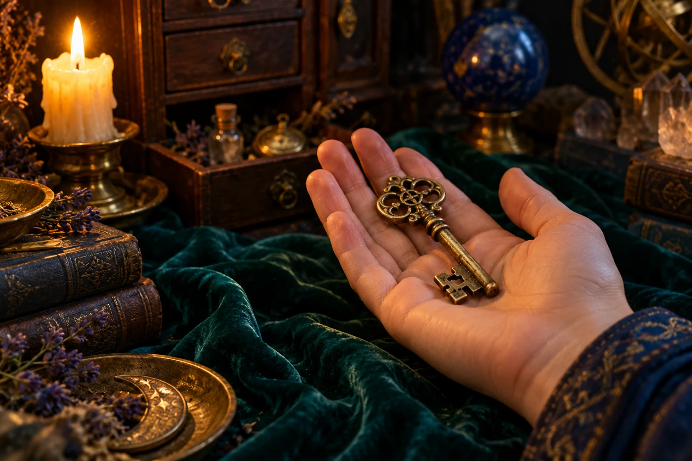 A worn brass key resting on an open palm above emerald velvet in candlelight.