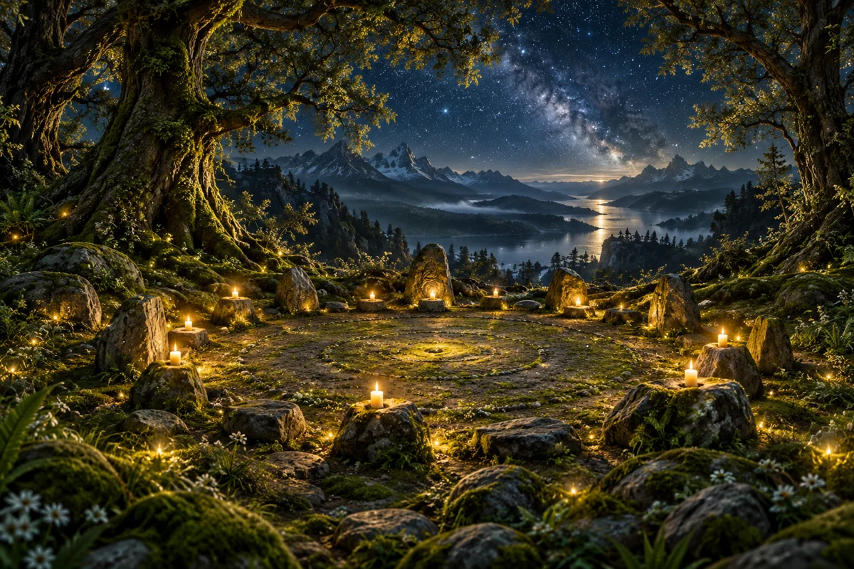 Symbolic stone circle illuminated by candlelight beneath trees.