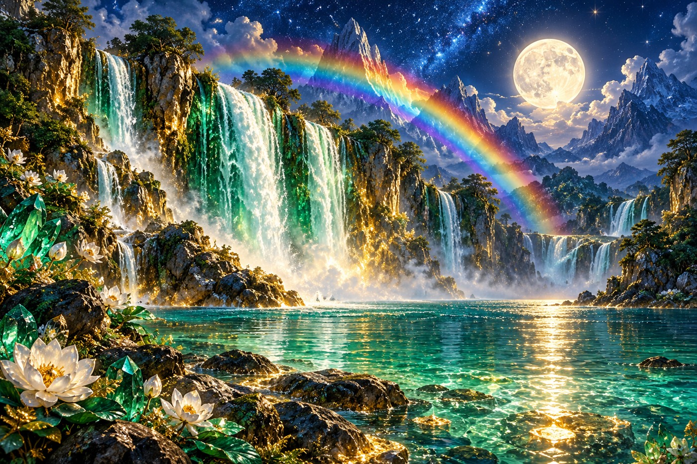 A rainbow above an emerald waterfall beneath the moon
