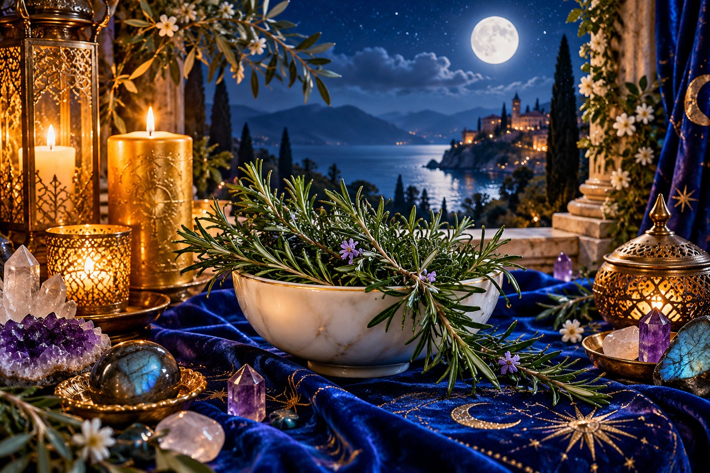 Fresh rosemary sprigs in a white bowl beside gold candles and crystals