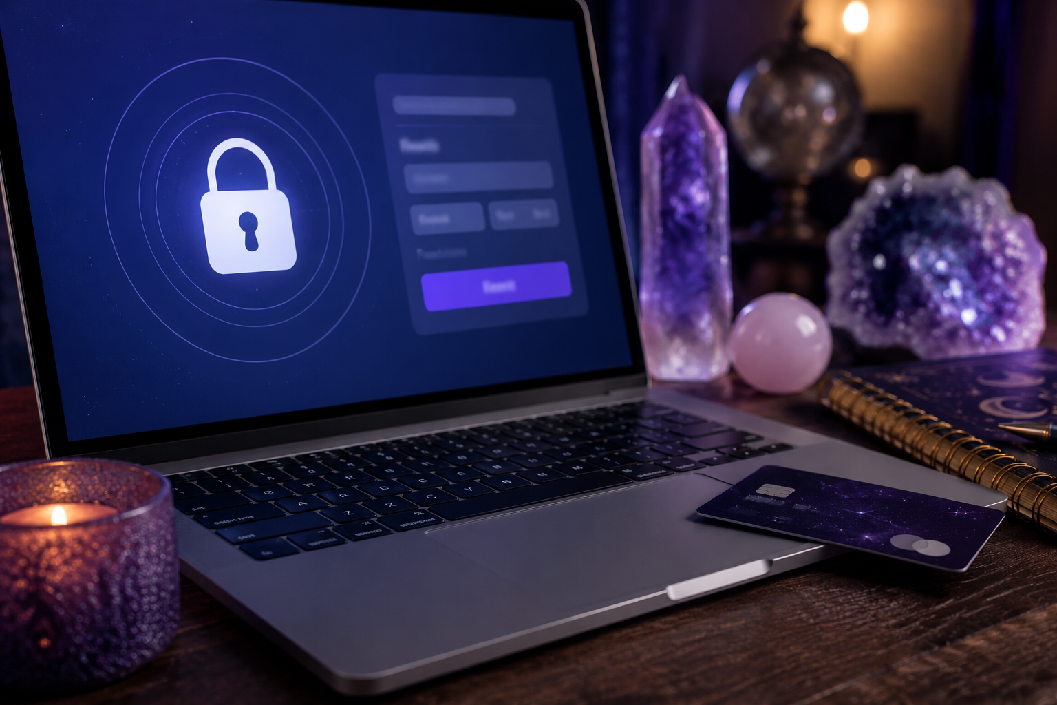 Generic secure checkout on a laptop beside a payment card crystals candle and notebook