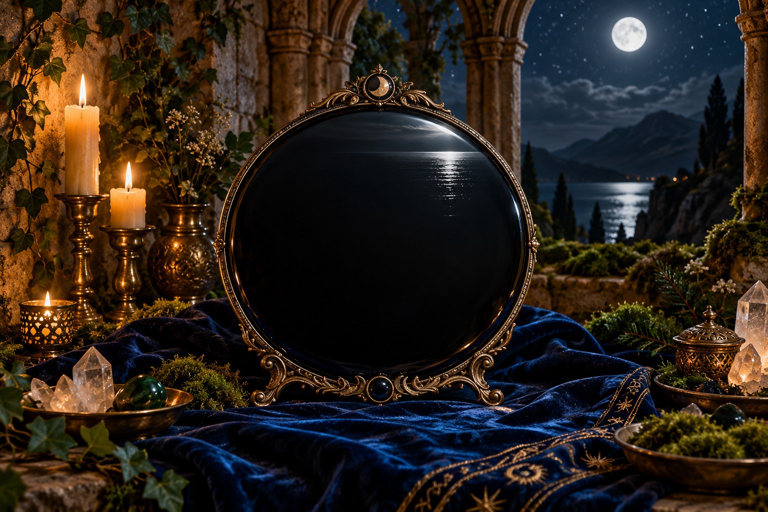 Dark round scrying mirror on blue velvet reflecting moonlight, with candles and greenery in a stone alcove