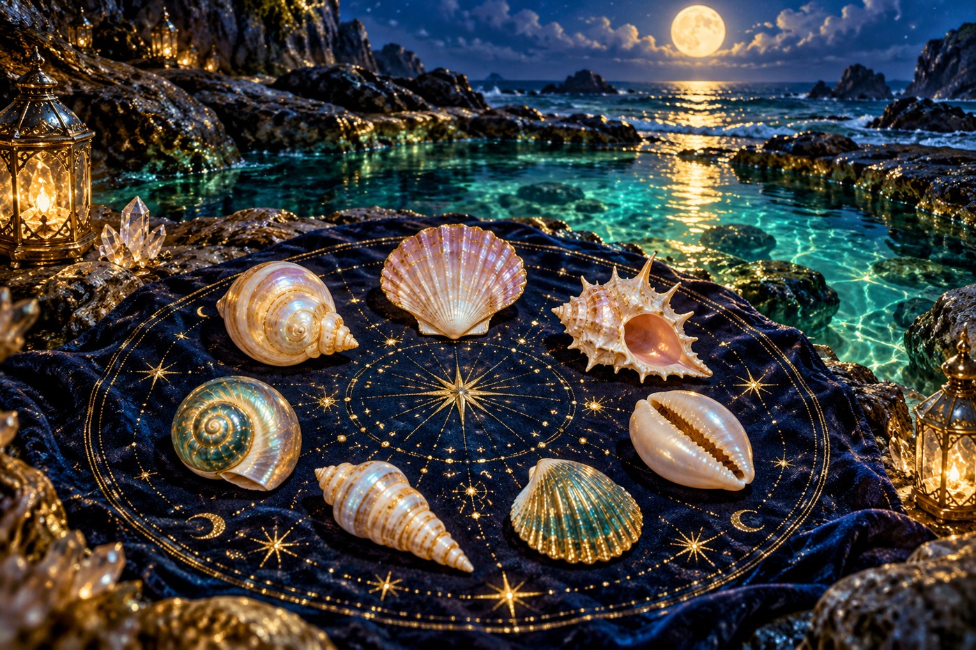 Seven pearly shells on a blue divination cloth beside a moonlit tide pool
