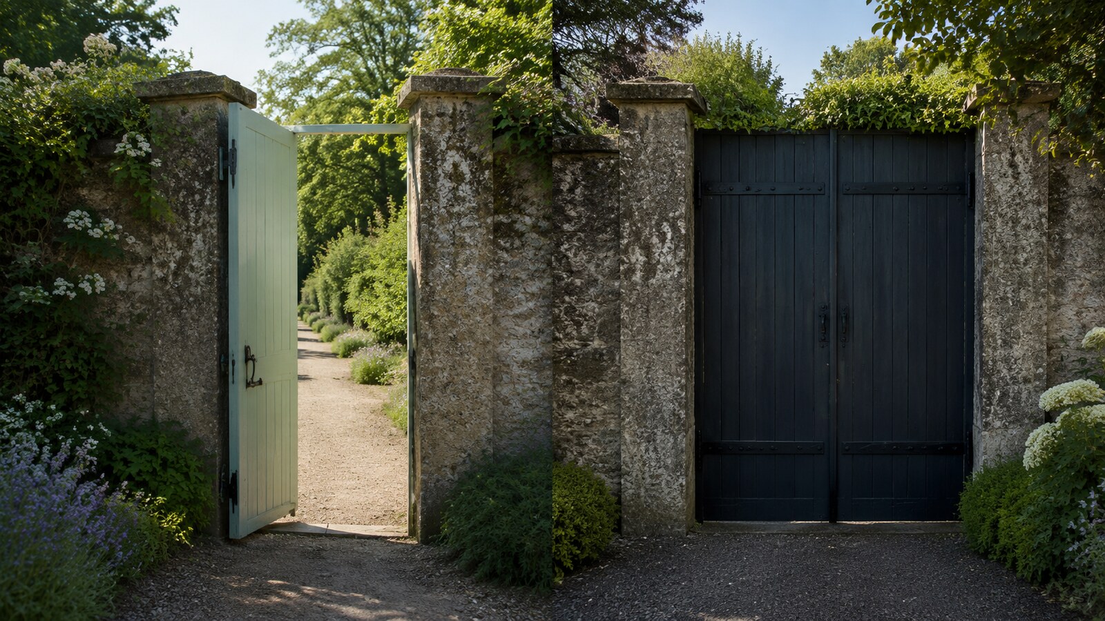 An open garden door beside a firmly closed dark gate