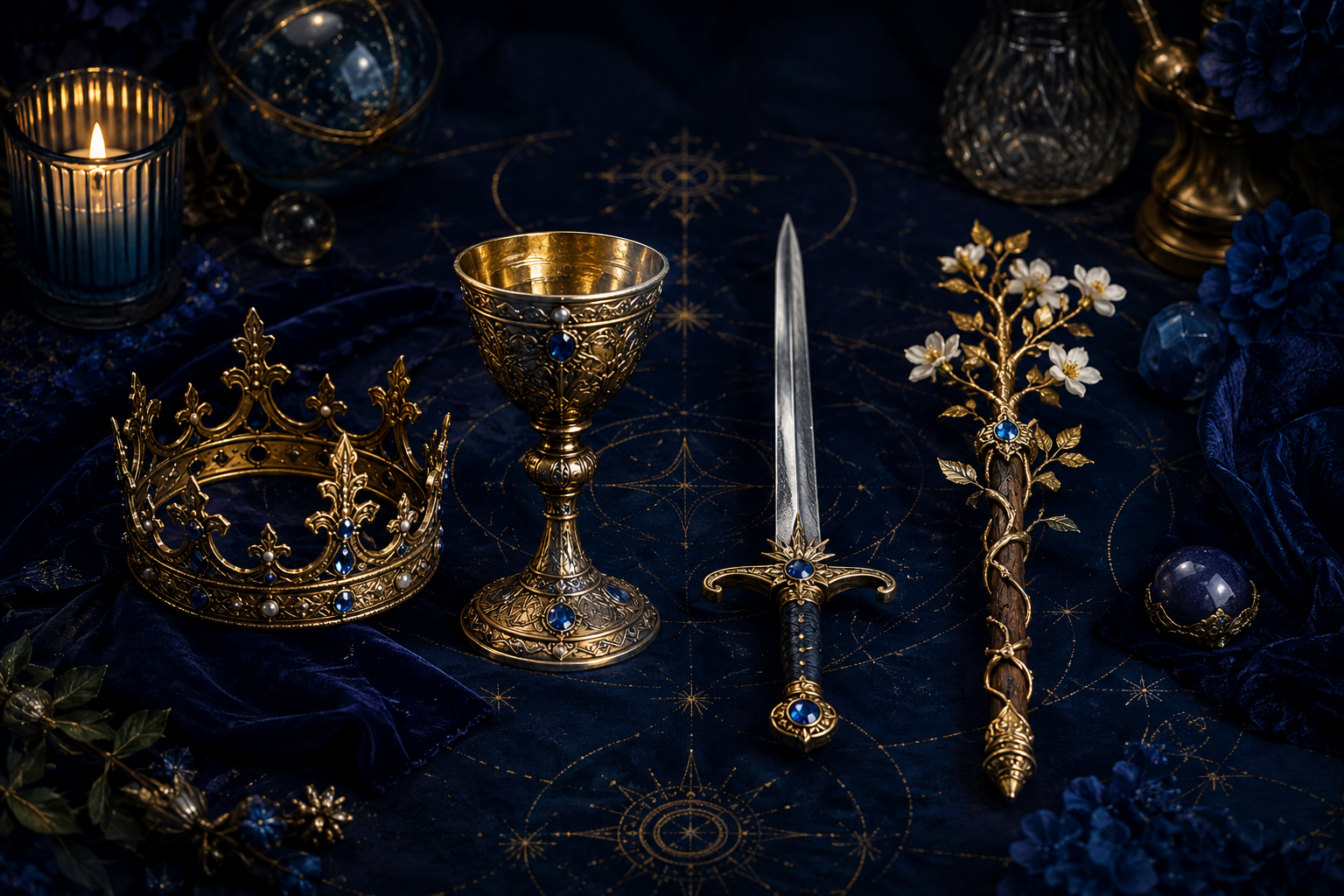 Crown chalice sword and flowering staff symbolizing tarot court cards