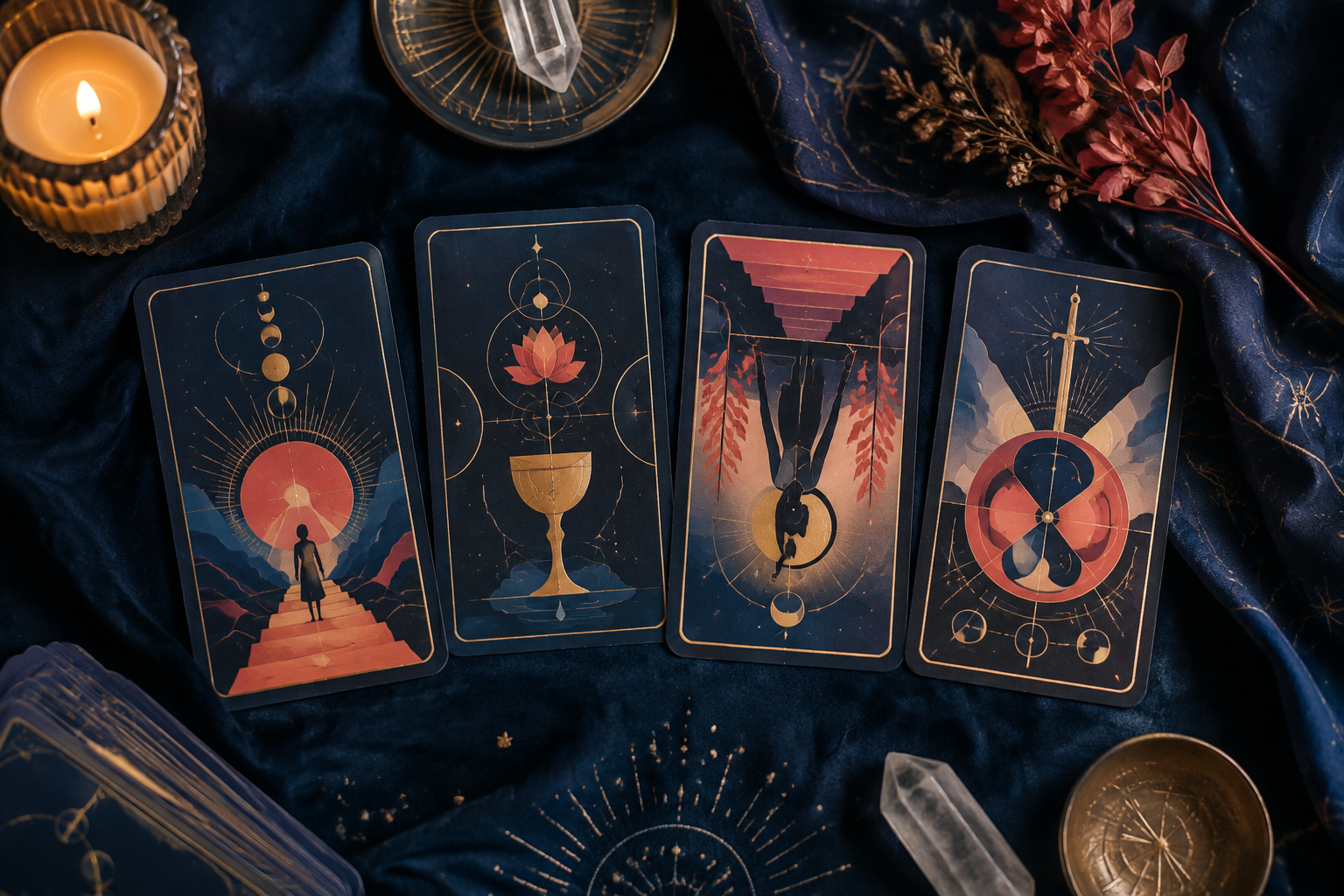 Overhead tarot reading with one abstract card reversed among upright cards