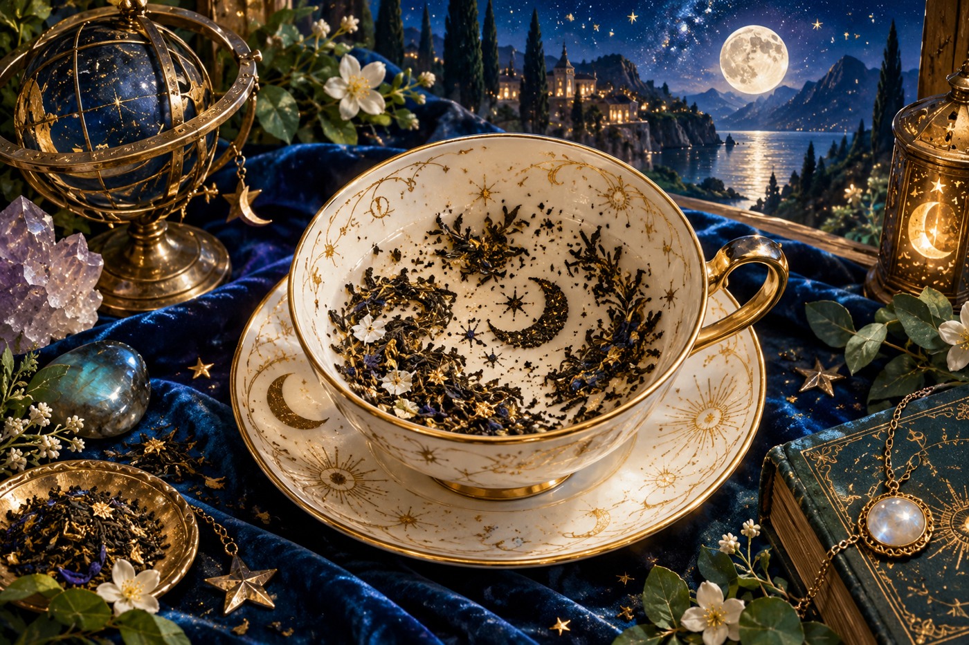 Tea leaves forming symbolic shapes inside an ivory cup on blue velvet