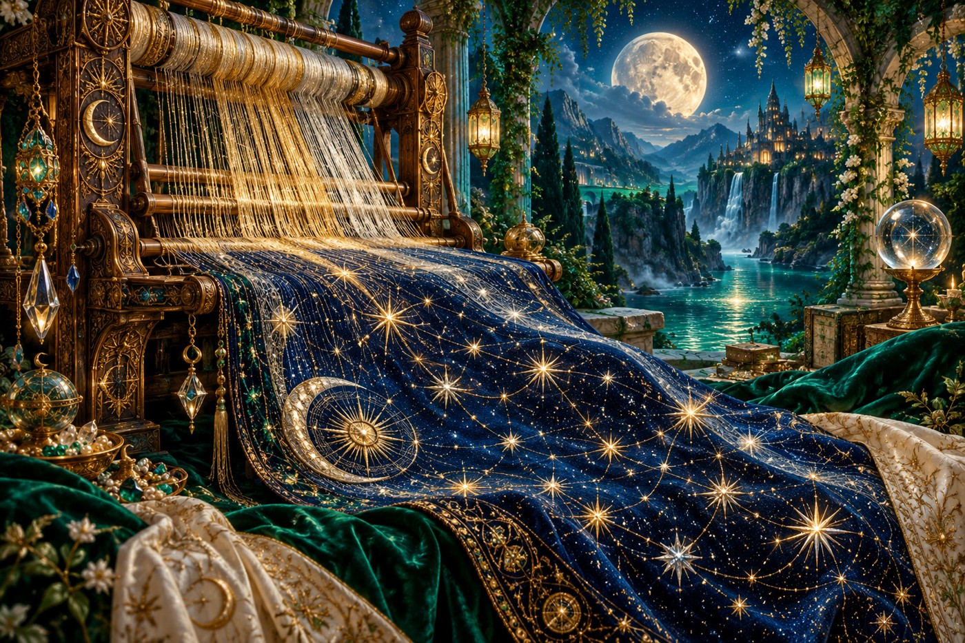 Golden and silver threads woven into a starry cloth on an ornate loom