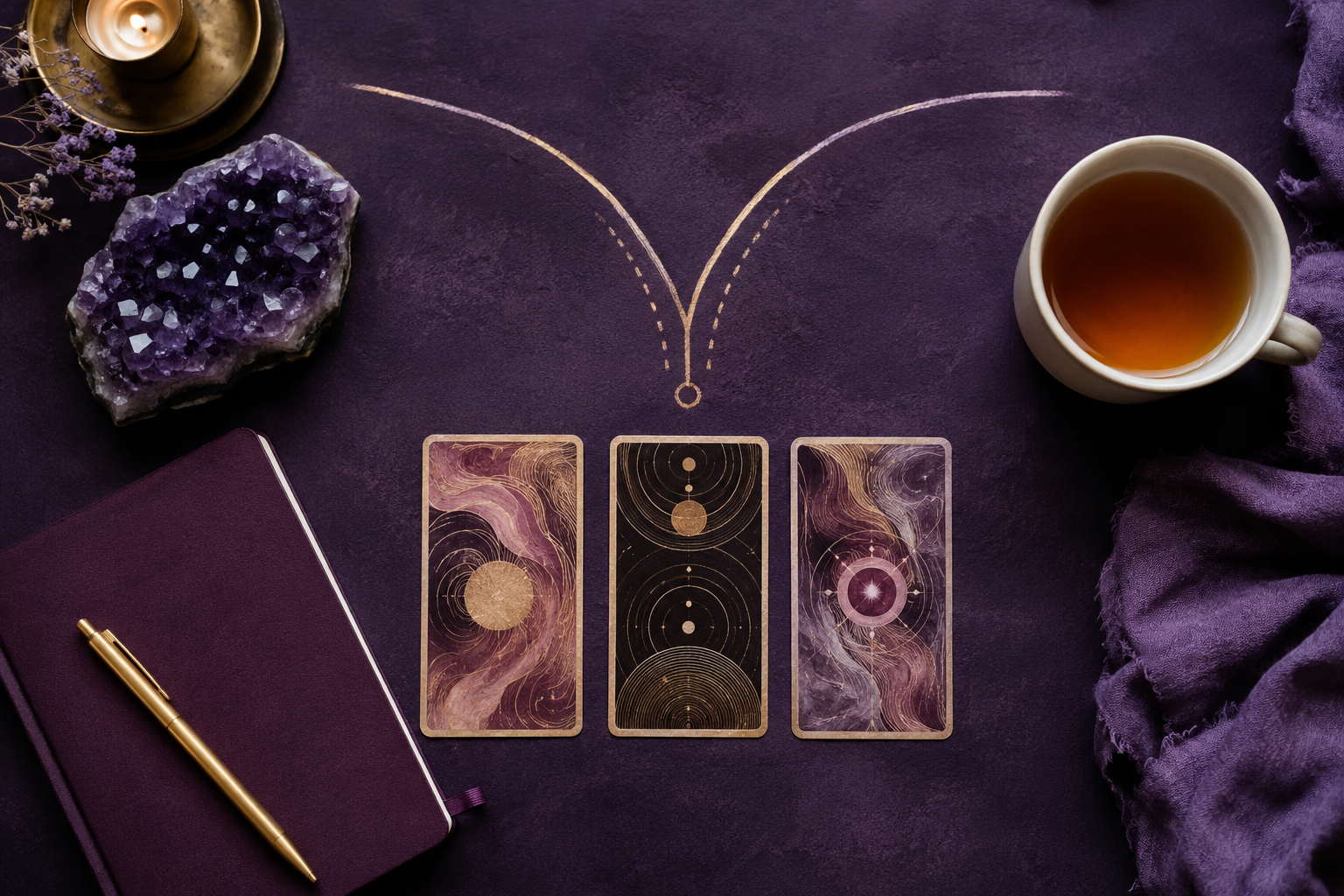 Overhead view of three abstract tarot cards, notebook, amethyst and tea