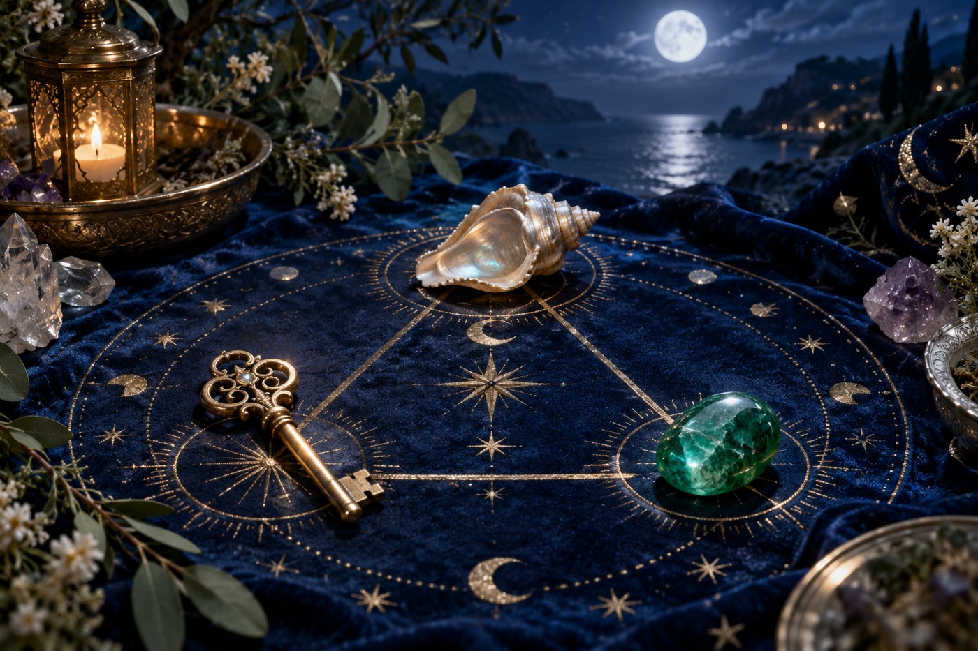 A shell, key and polished green stone forming a triangle on blue divination cloth