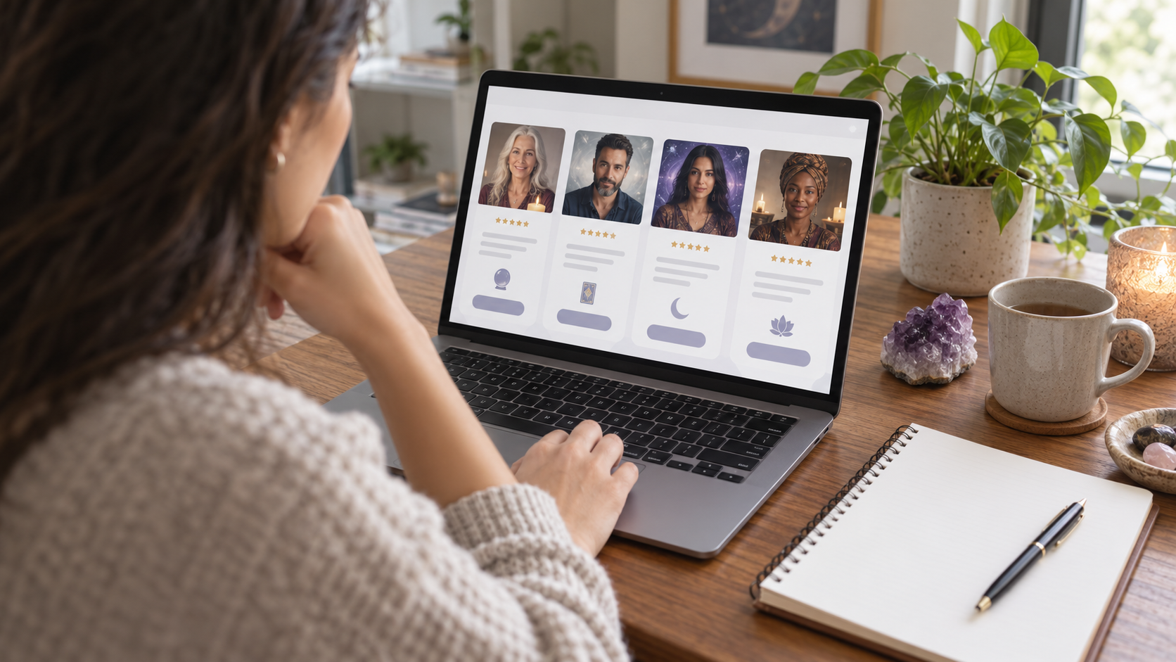 Customer comparing several abstract psychic advisor profiles on a laptop