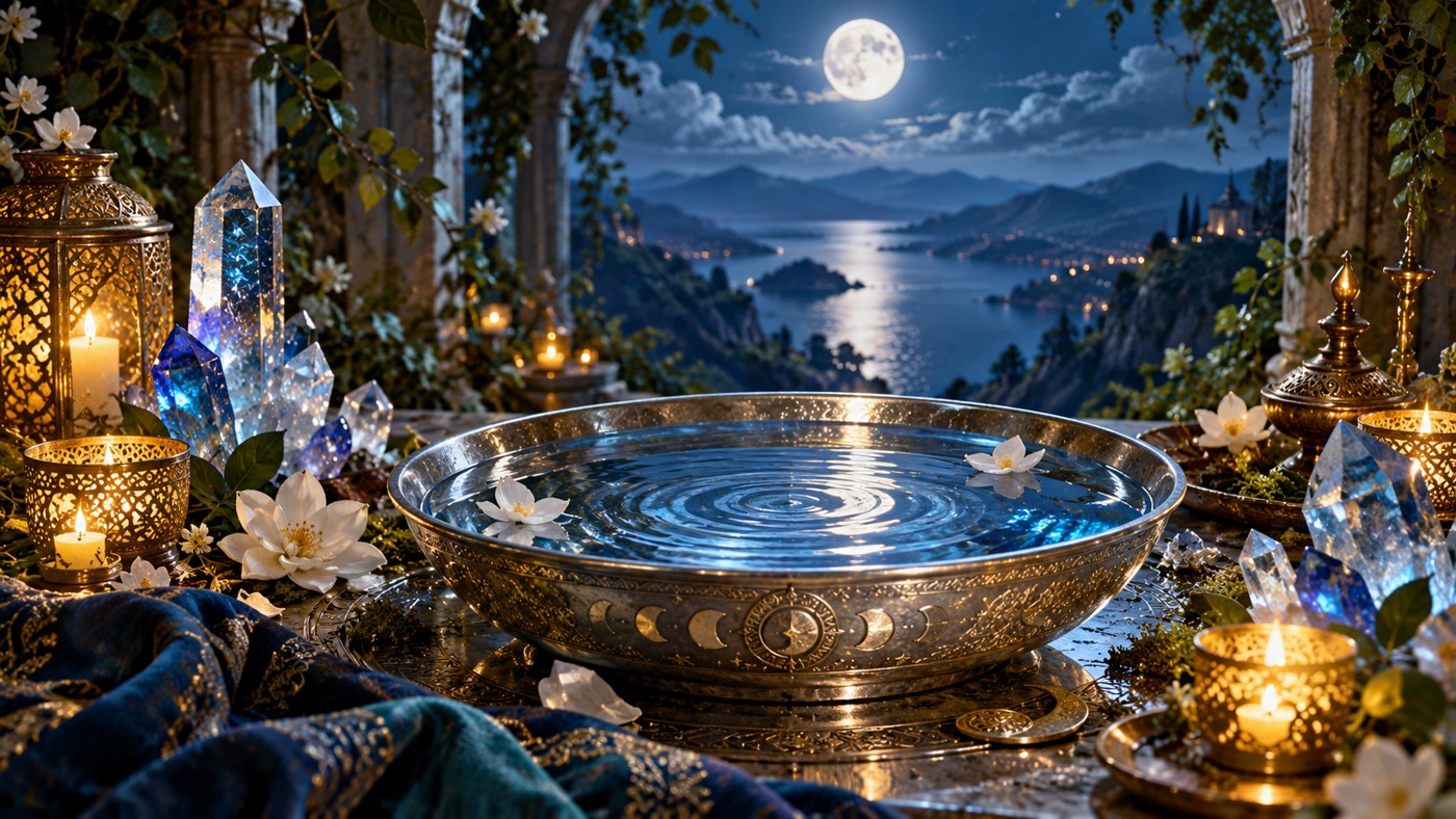 A shallow silver bowl of water with moonlit ripples, blue crystals and gold candlelight