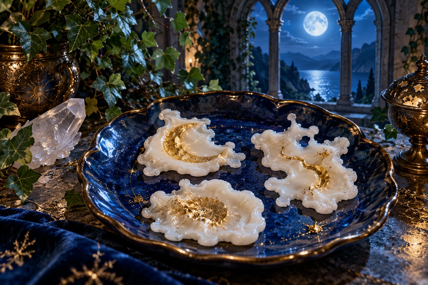 Cooled ivory wax shapes on a sapphire dish in a moonlit sacred space