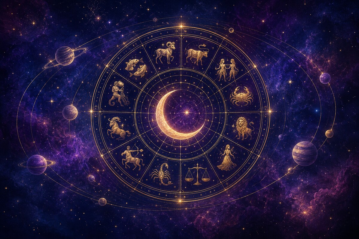 Golden zodiac wheel and crescent moon glowing over a purple star field