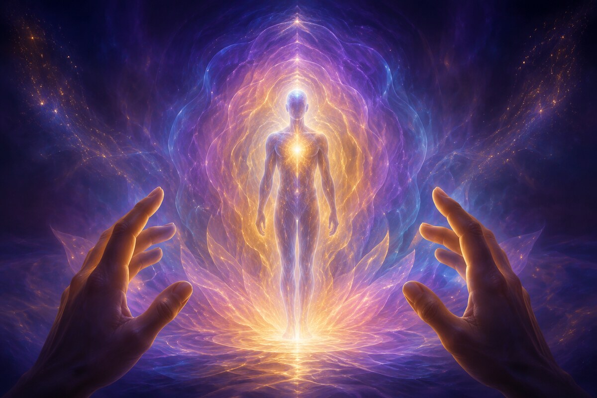 A luminous human silhouette surrounded by layered violet blue and gold aura colors