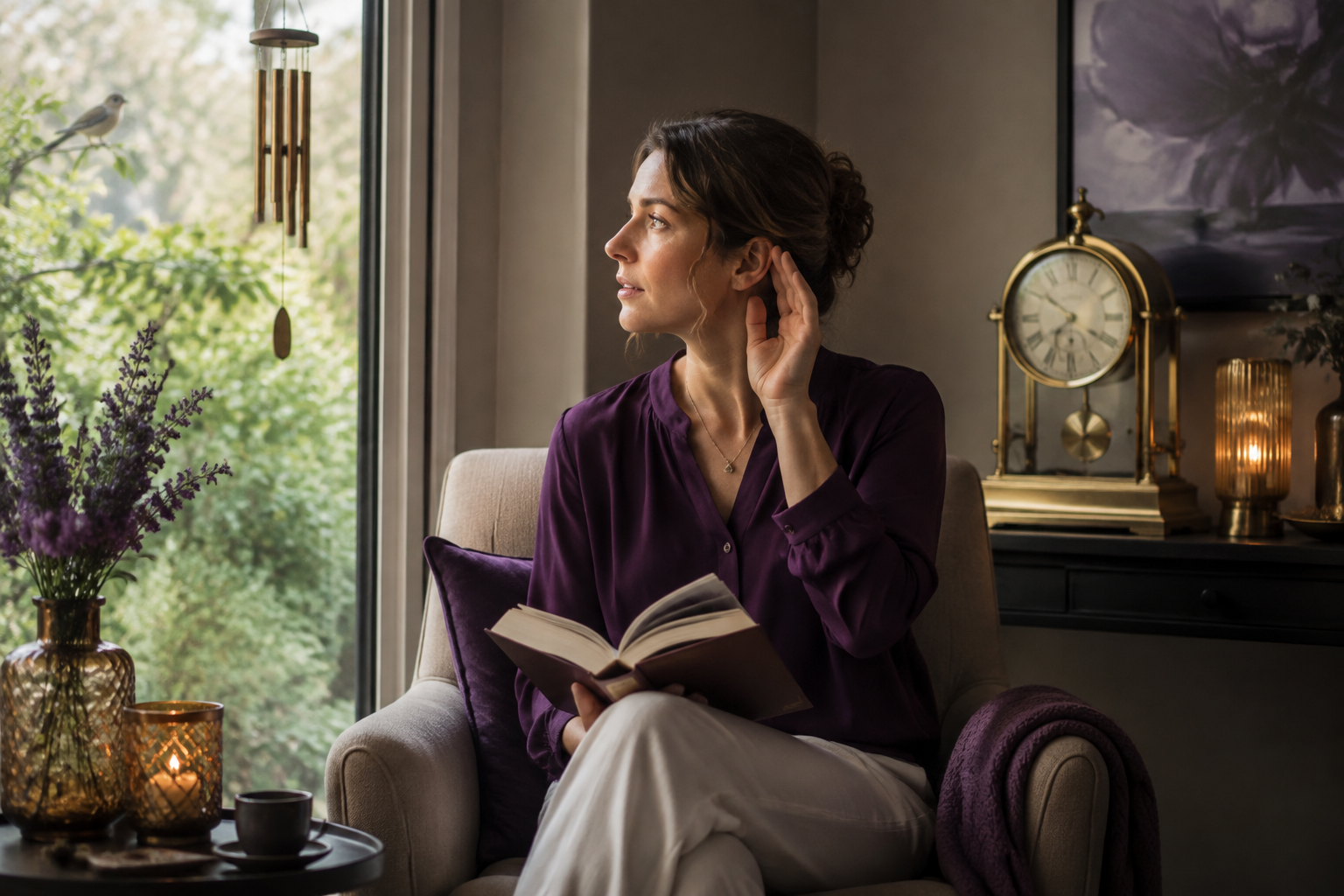 Person listening quietly in a reading nook with a clock and wind chime