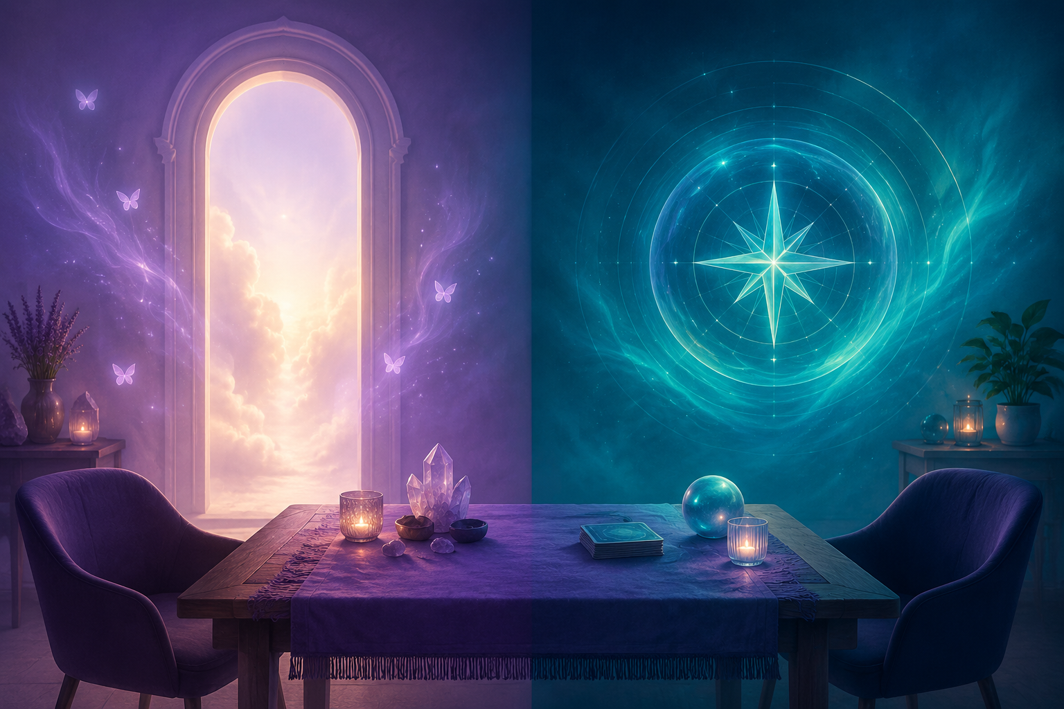 Two empty reading chairs beside a luminous doorway shape and a glowing compass-like orb