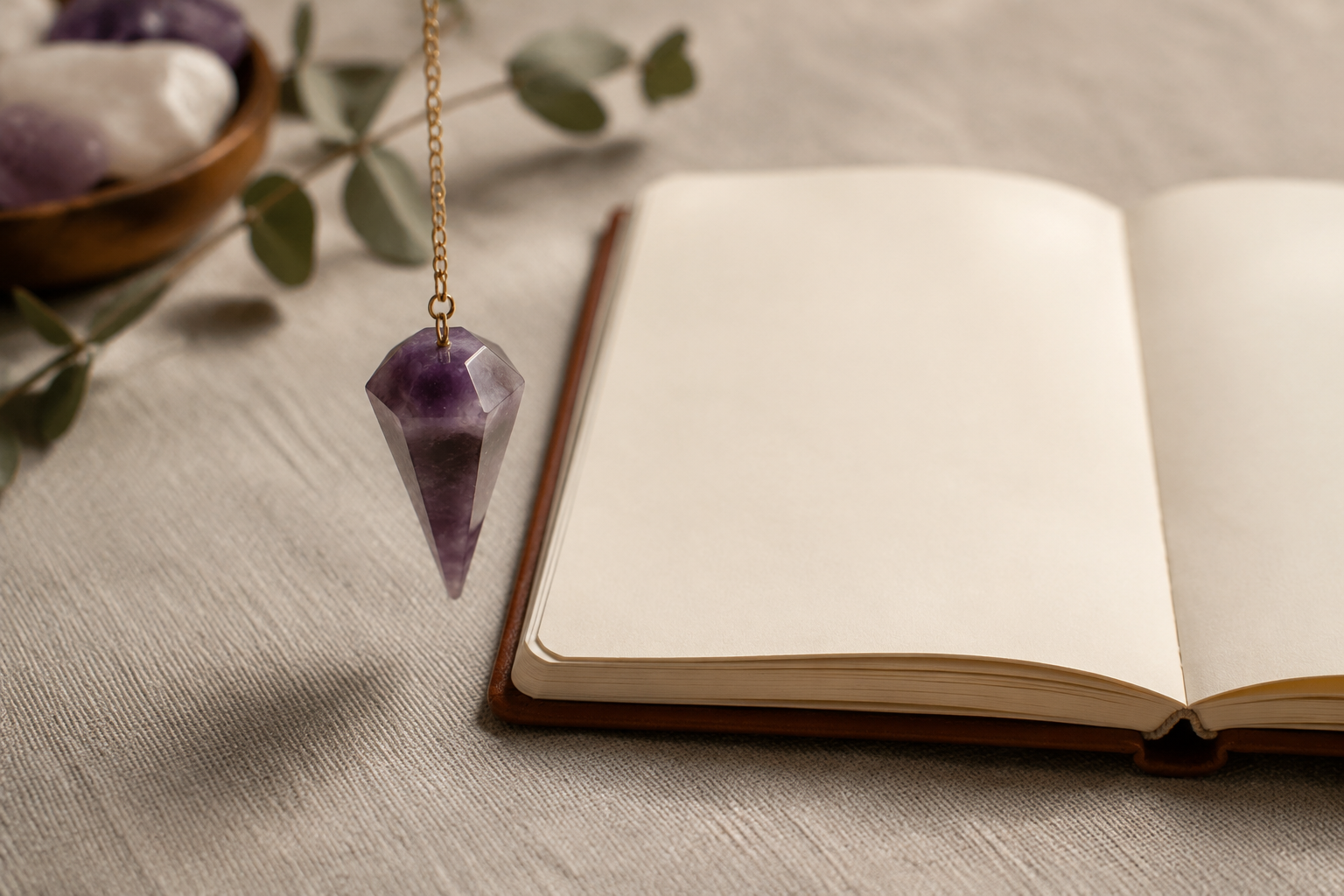Amethyst pendulum suspended above an open blank journal