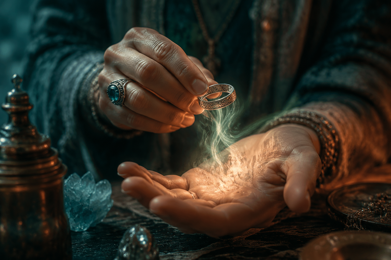 Reader holding an antique ring above an open palm