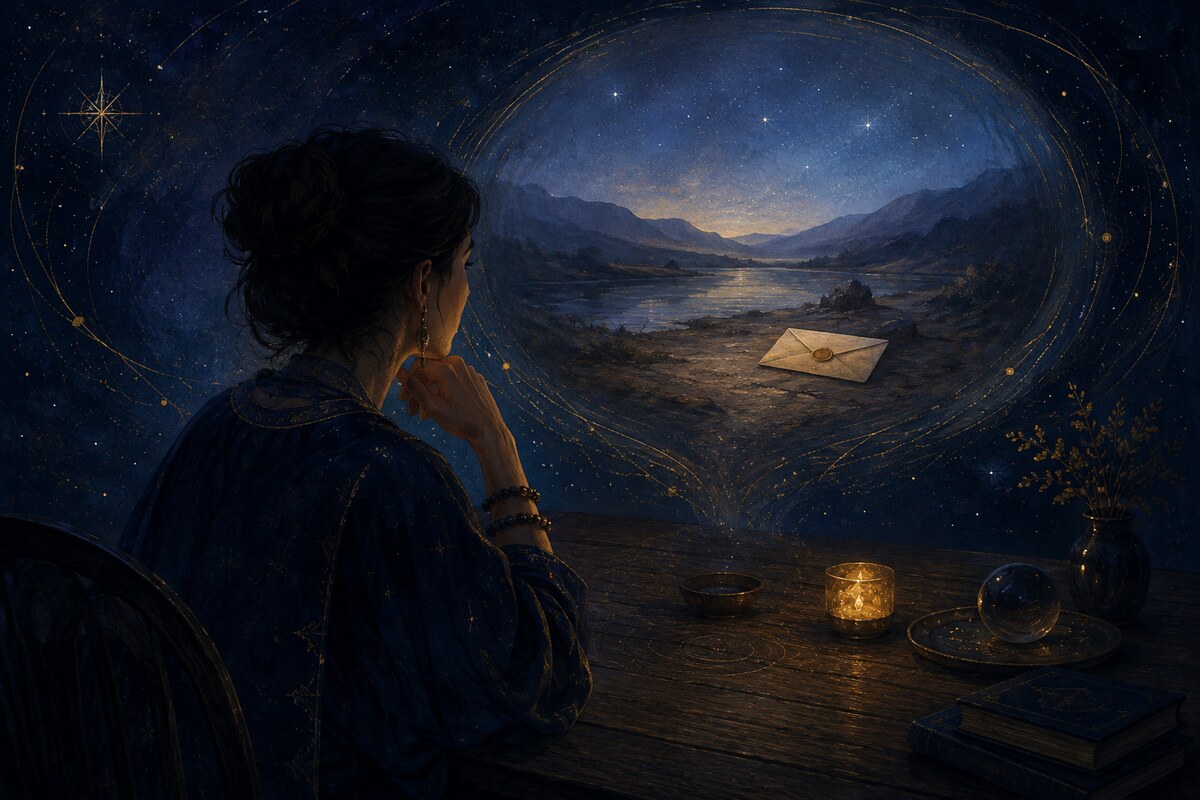 An intuitive viewer at a table envisioning a distant landscape and sealed envelope