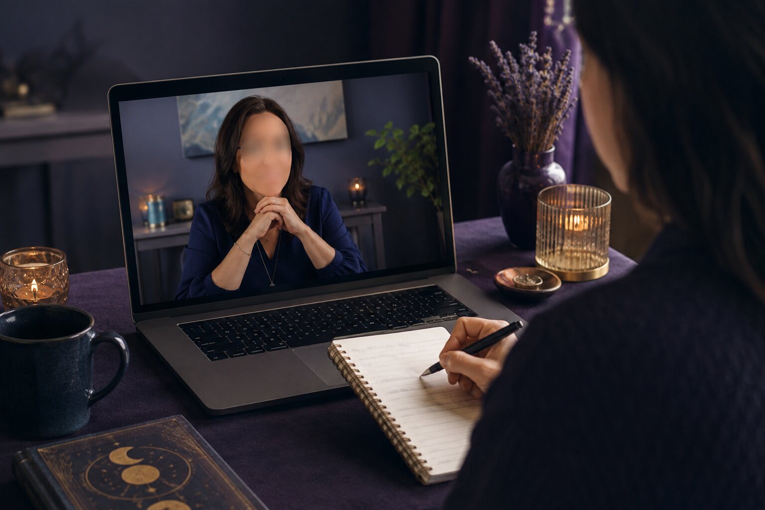 A person preparing a notebook beside a laptop before an online psychic reading