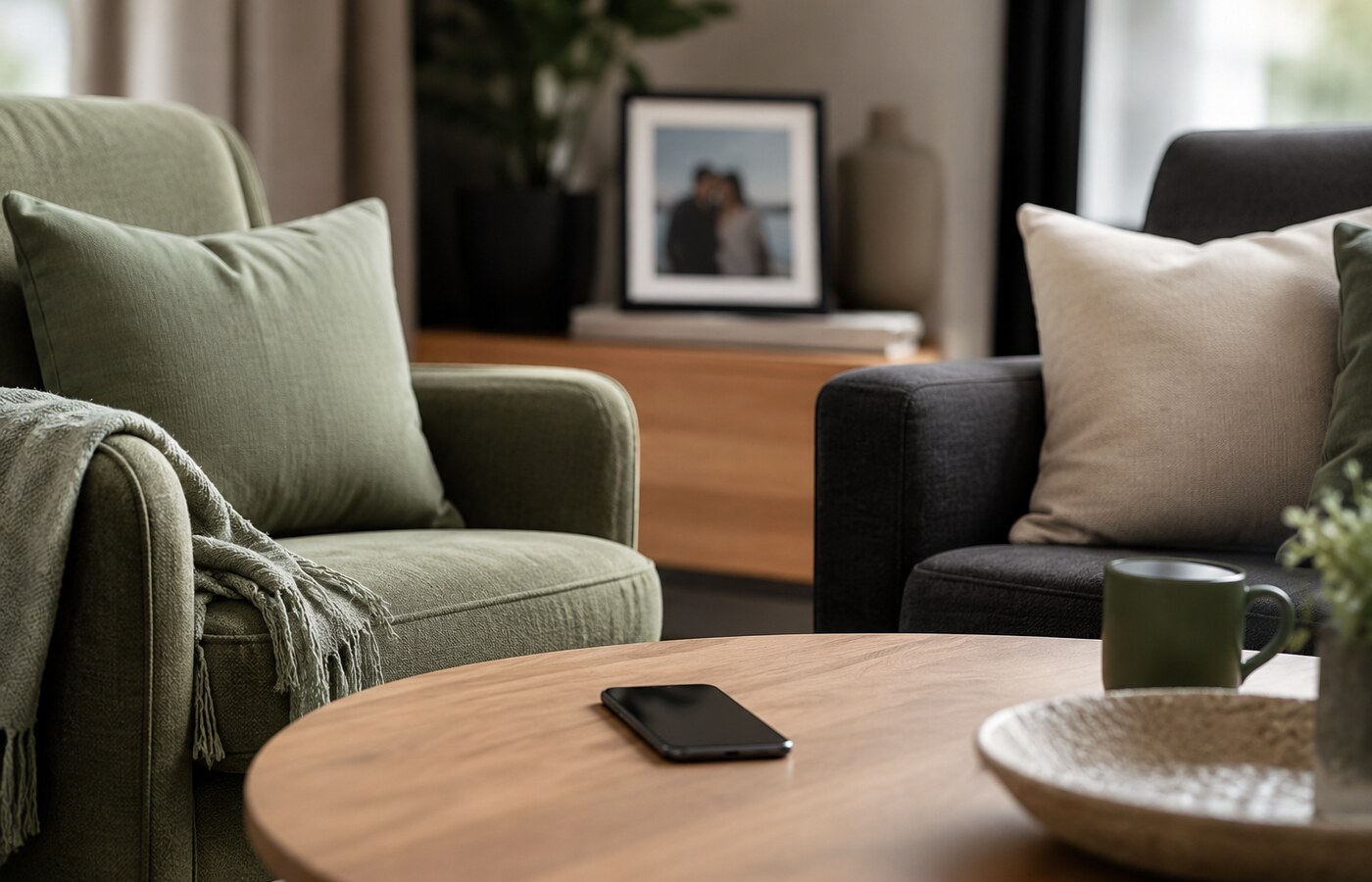 A phone between two empty chairs with a blurred couple photograph in the background
