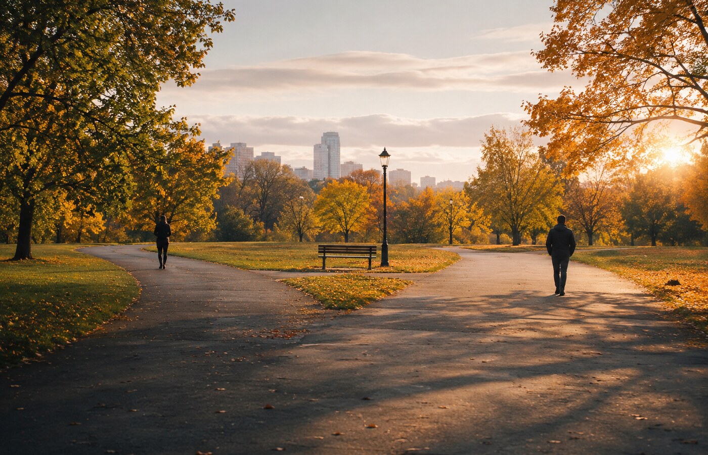 Two adults walking toward the same park intersection in changing autumn light