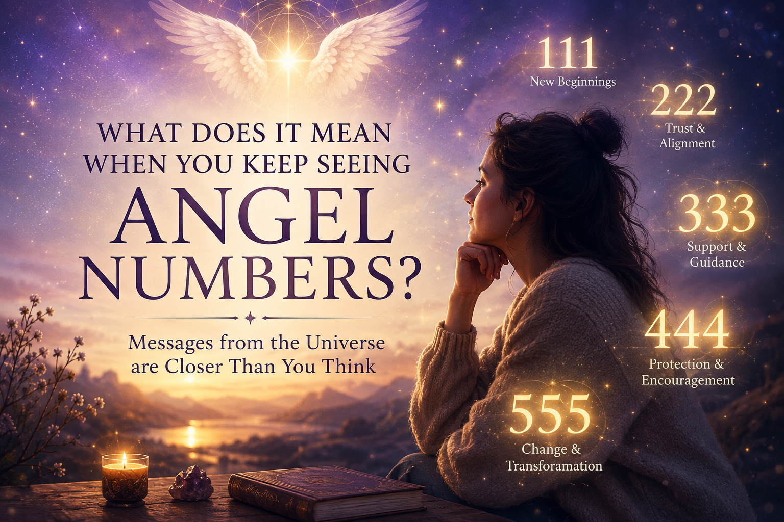A glowing clock and floating numbers 111, 222, 333, 444, and 555 surrounded by soft golden light, symbolizing angel numbers and spiritual guidance.